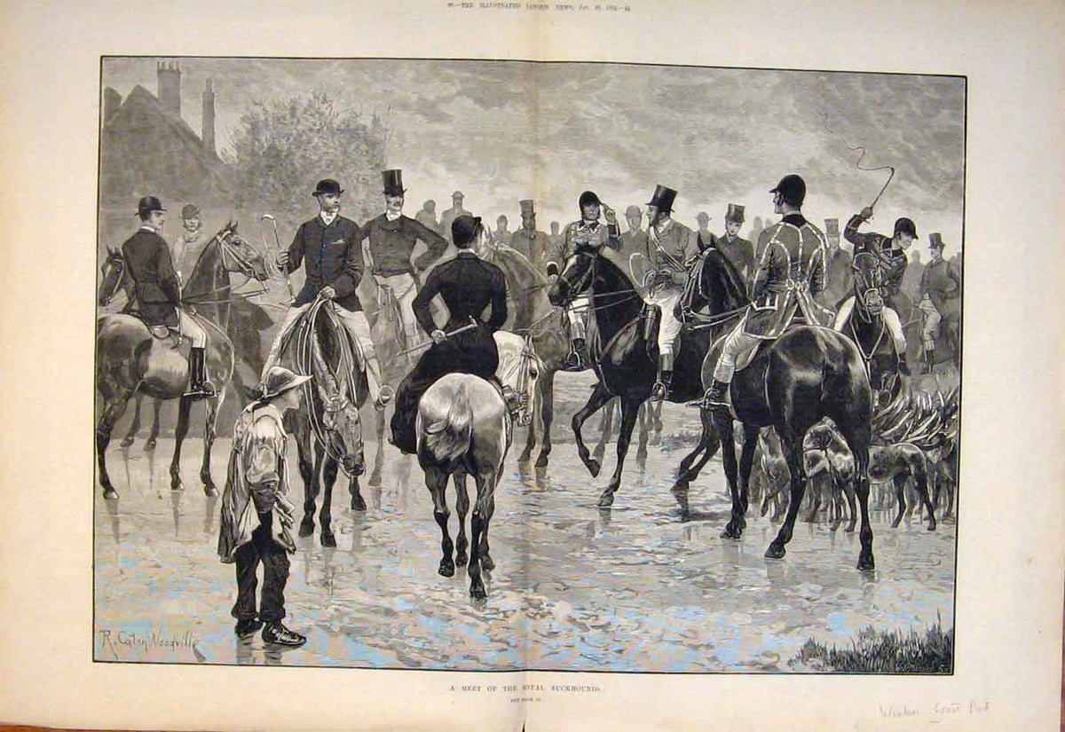 Original Old Antique Print 1882 Hunt Meet Royal Buckhounds Windsor Park 19th