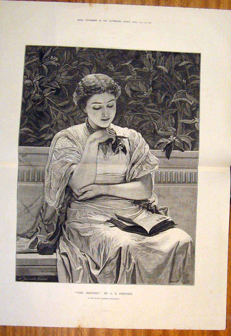 Original Old Antique Print 1878 Girl Reading Perugini Garden Fine Art Victorian