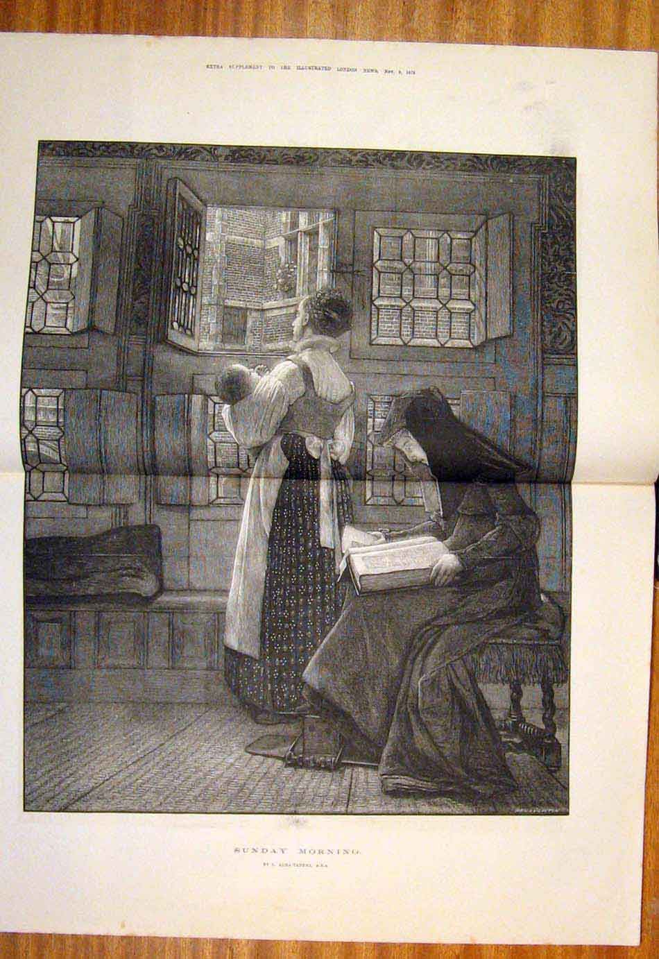 Original Old Antique Print 1878 Sunday Morning Alma-Tadema Lady Baby Fine Art