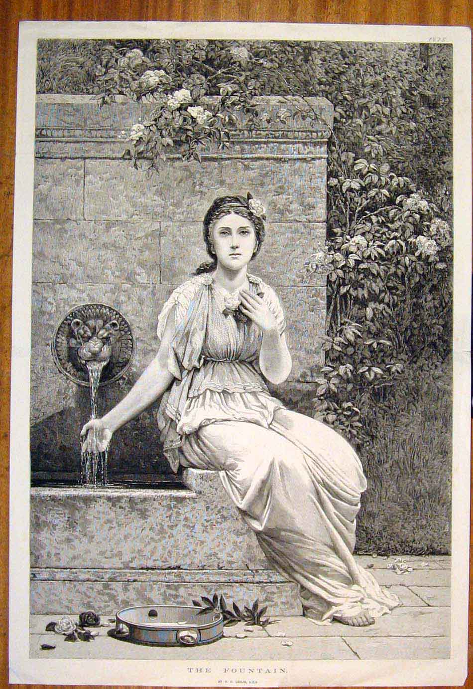 Original Old Antique Print 1875 Fountain Lady Garden Leslie Tambourine Fine Art
