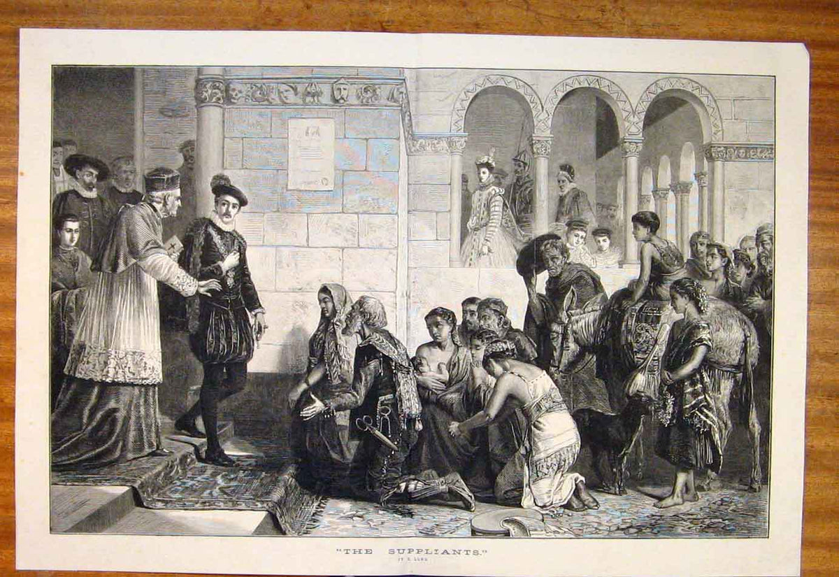 Original Old Antique Print Suppliants Long Priest Gentleman People Fine Art