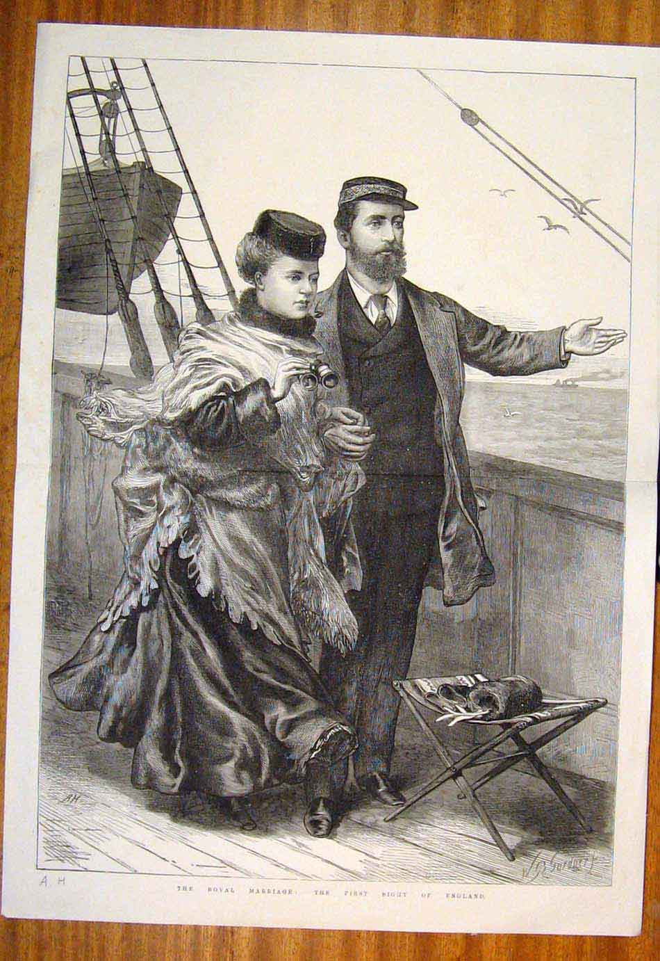 Original Old Antique Print Royal Marriage England Ship Boat A.H Fine Art