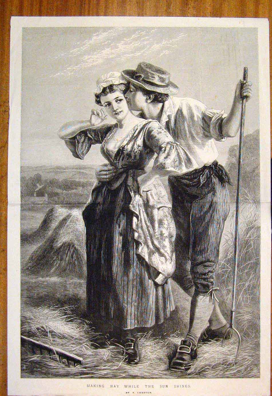 Original Old Antique Print Hay Sun Chester Farmer Lady Haystack Farm Fine Art