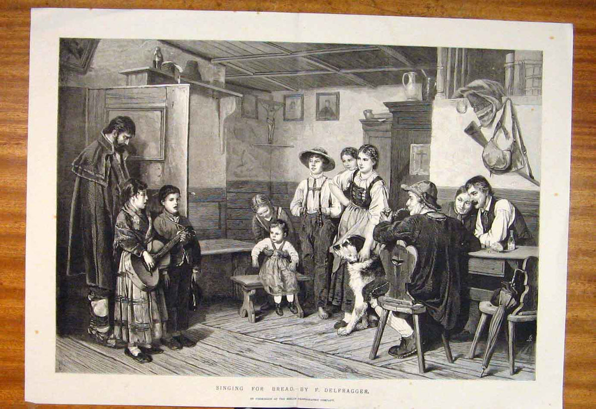 Original Old Antique Print Singing Bread Delfragger Family Children Fine Art