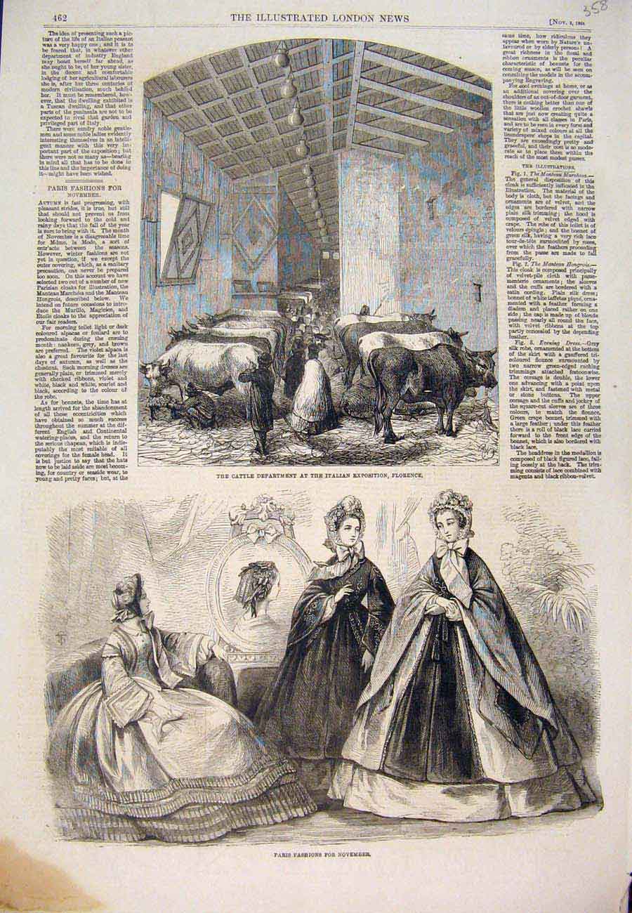 Old Antique Print Cattle Italian Exposition Florence Paris Fashions 1861 19th