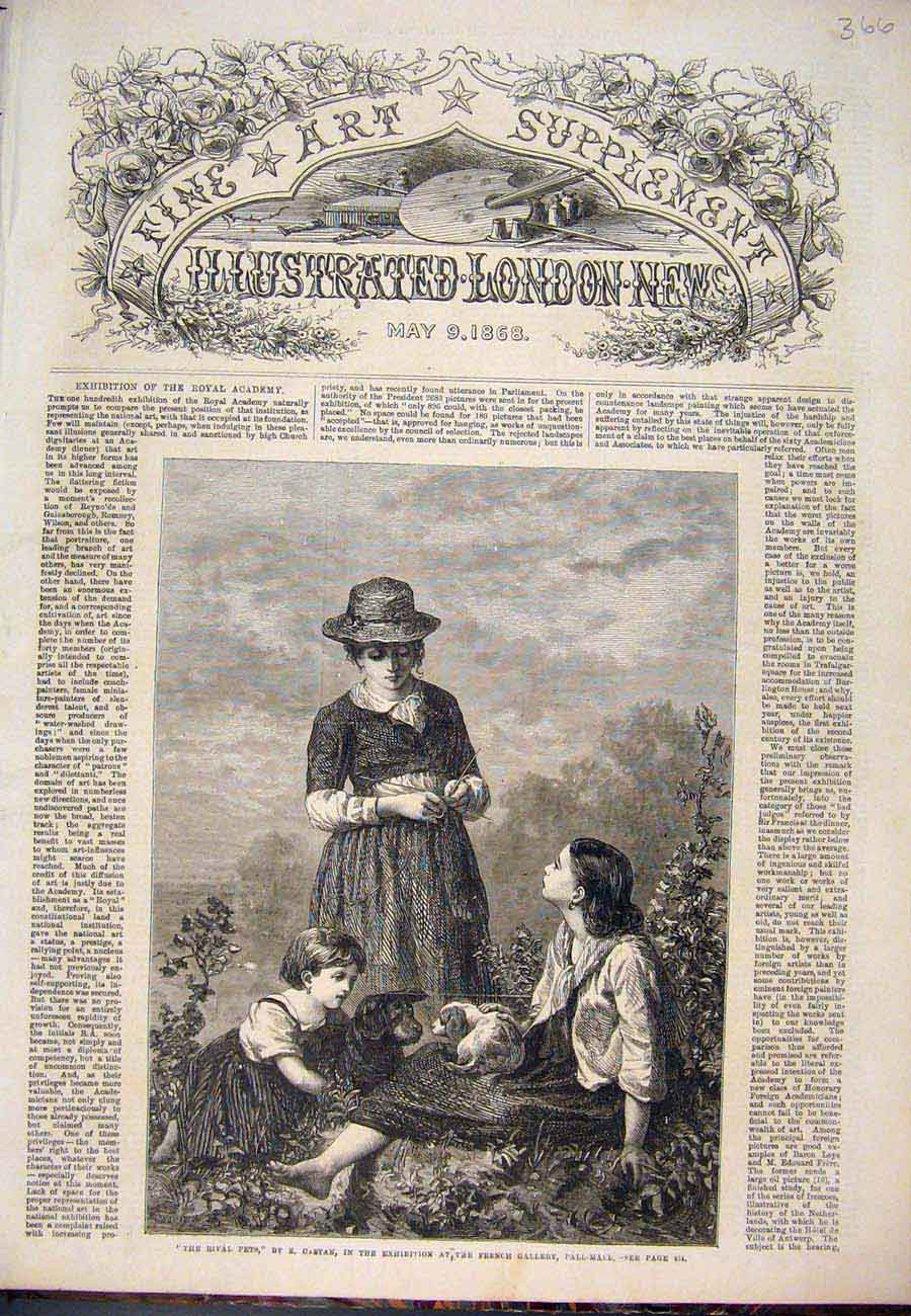 Original Old Antique Print Pets Castan Dog Puppy Child Lady Fine Art 1868 19th