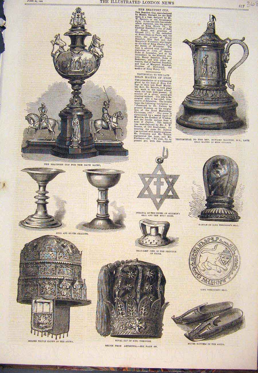 Original Old Antique Print Beaufort Cup Races Chalice Seal Crown Abysinnia 1868