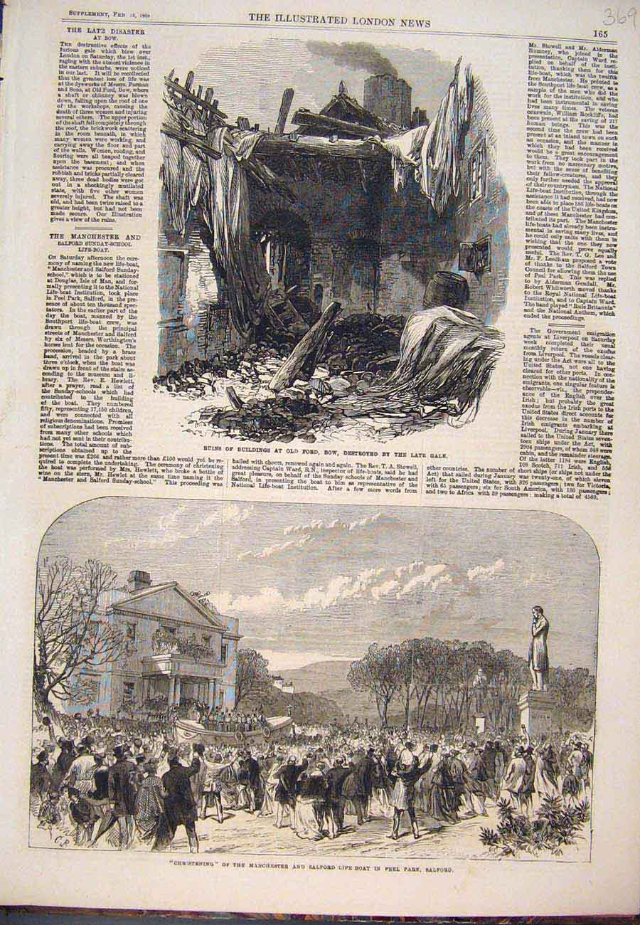 Original Old Antique Print Ruins Building Bow Manchester Salford Life-Boat 1868