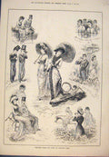 Original Old Antique Print Sketches Lawn Sandown Park Ladies Promenade 1879 19th