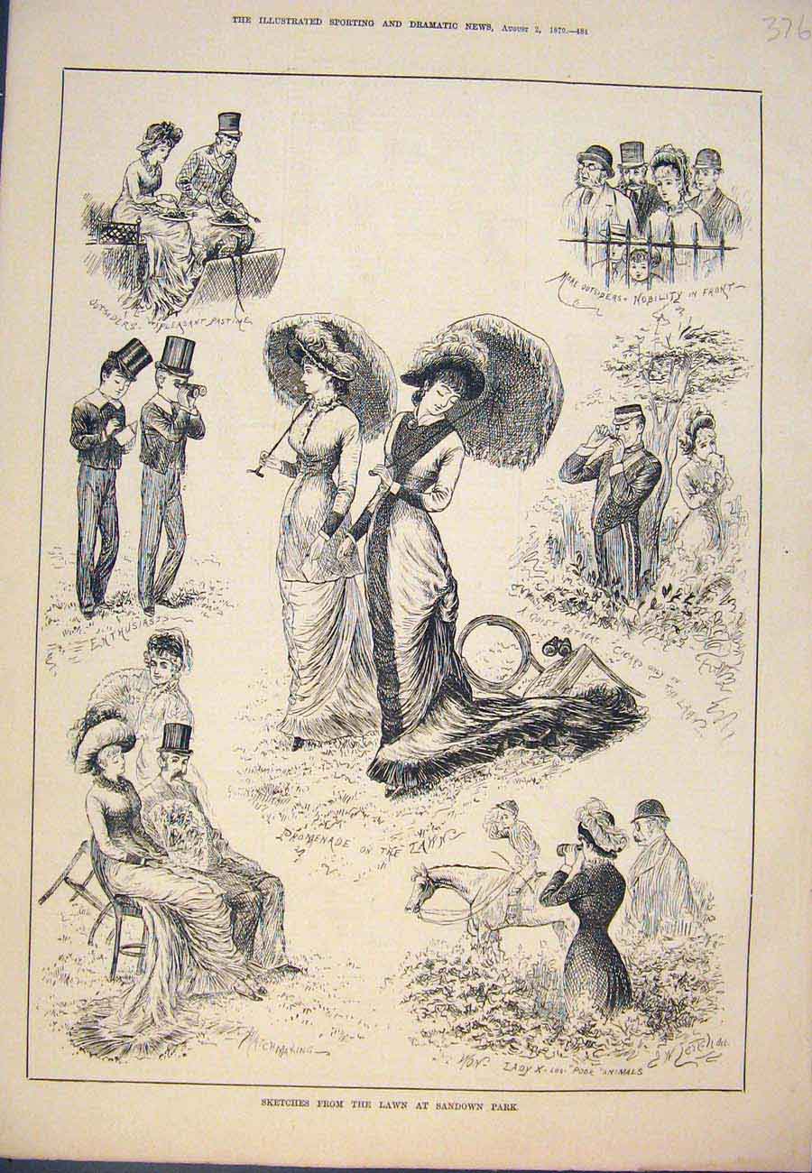 Original Old Antique Print Sketches Lawn Sandown Park Ladies Promenade 1879 19th