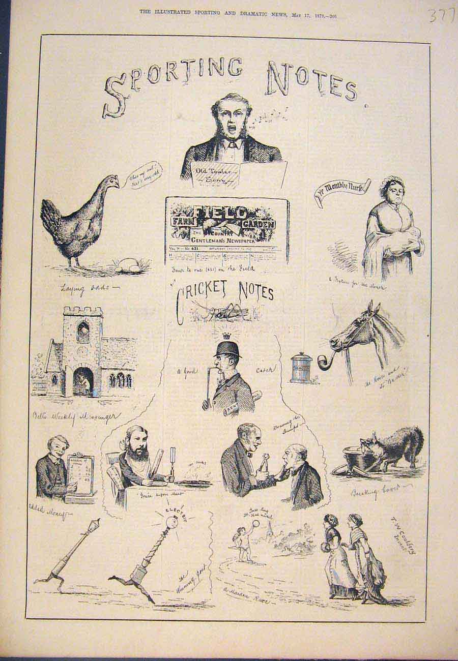 Original Old Antique Print Sporting Notes Sketches Sport Cricket 1879 Victorian