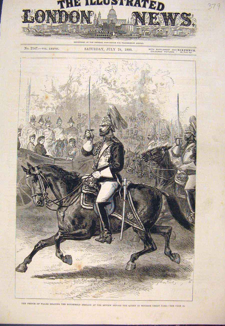 Original Old Antique Print Prince Wales HousehBrigade Review Windsor 1880 19th