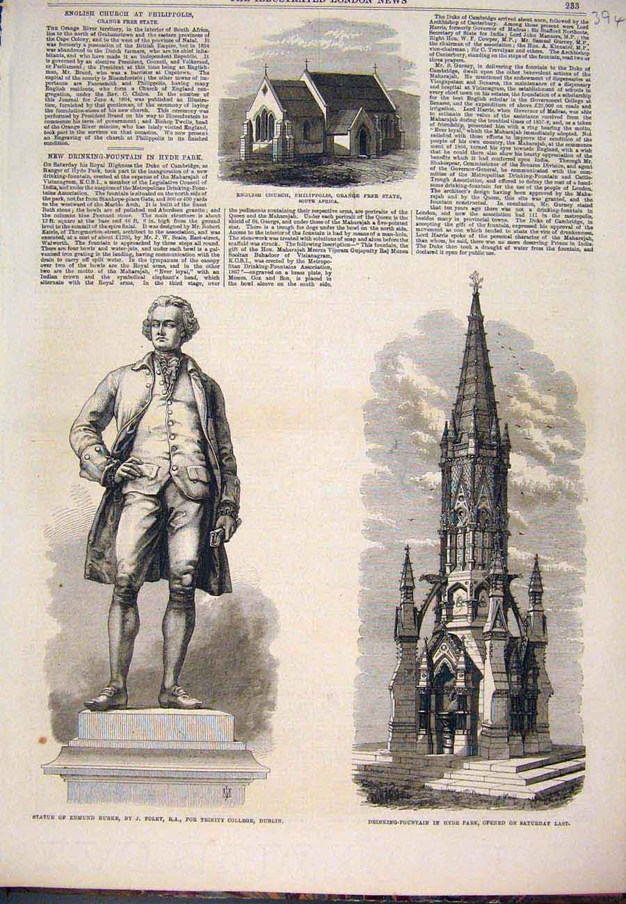 Original Old Antique Print Church Africa Burke Foley Dublin Fountain Hyde 1868