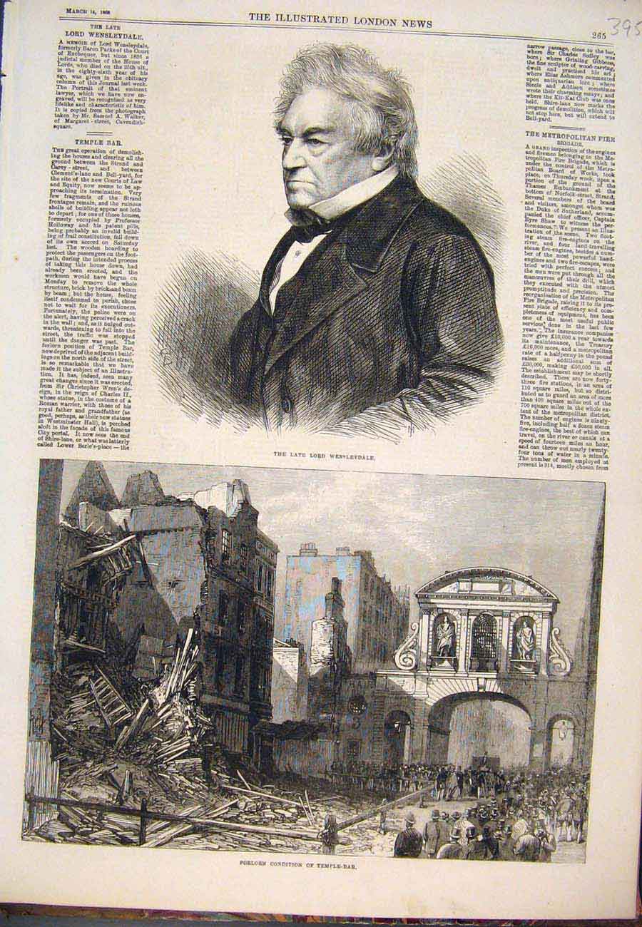 Original Old Antique Print Prtrait Wensleydale Temple Bar Ruins 1868 Victorian