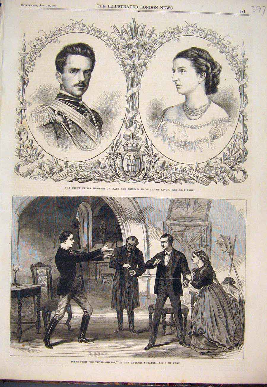 Old Antique Print Prince Humbertitaly Margaret Savoy Adelphi Theatre 1868 19th