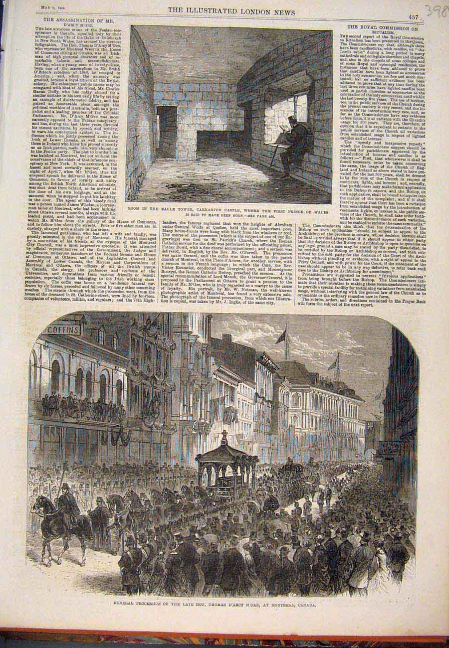 Old Antique Print Eagle Tower Carnarvon Castle Funeral D'Arcy Canada 1868 19th