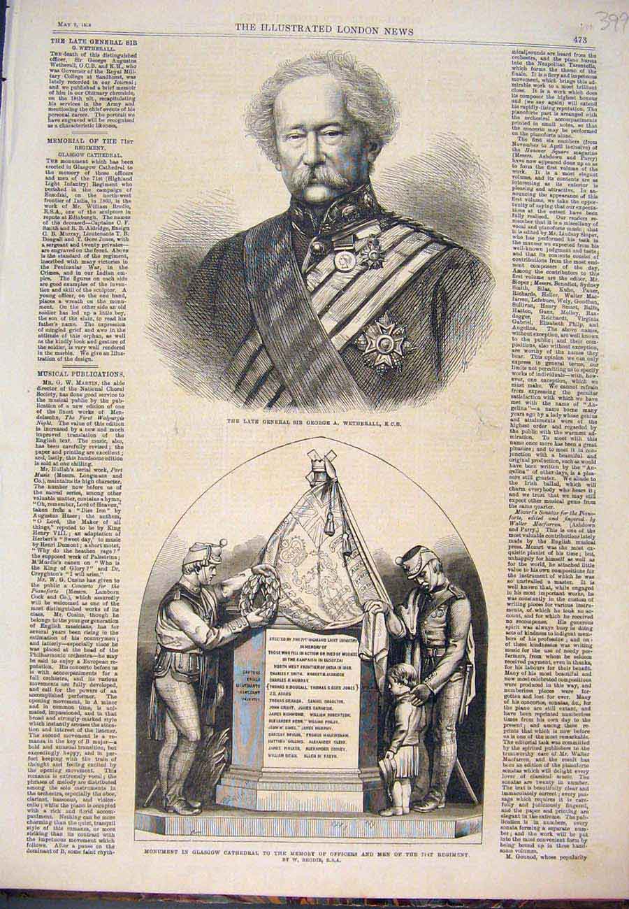Original Old Antique Print Wetherall Governor Monument Brodie Glasgow 1868 19th