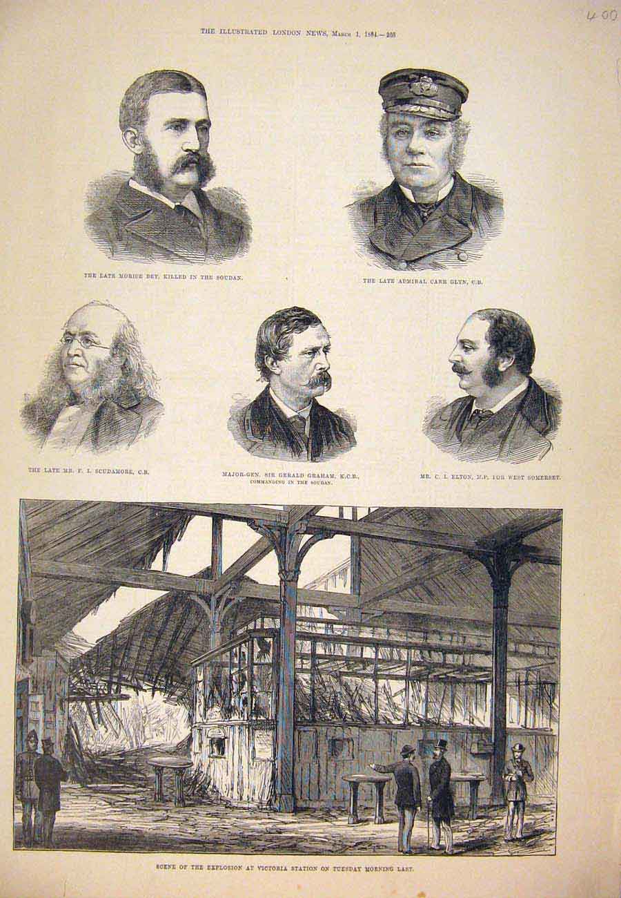 Original Old Antique Print Morice Scudamore Graham Elton Victoria Station 1884