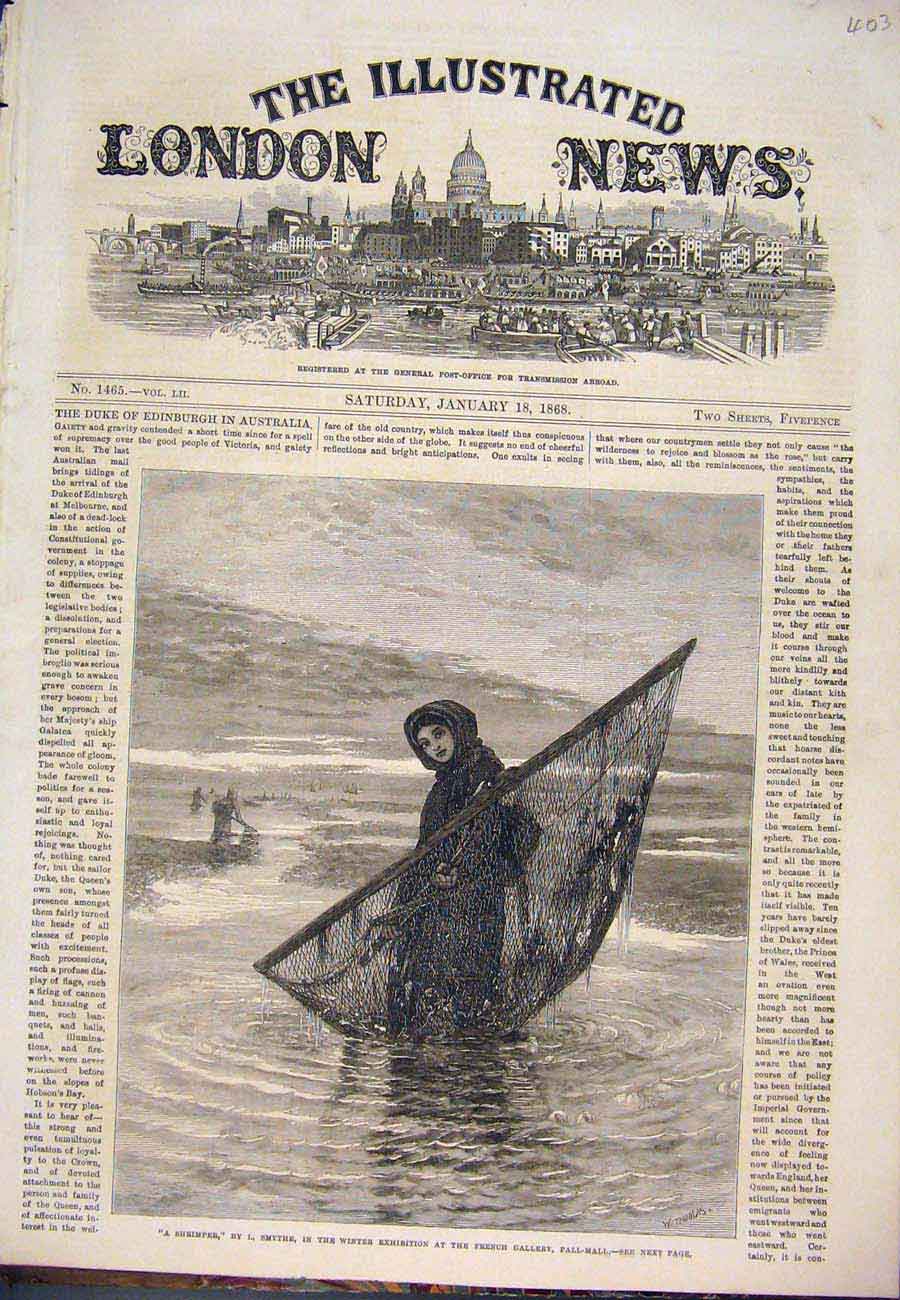 Old Antique Print Shrimper Smythe Pall Mall Exhibition Girl Fine Art 1868 19th