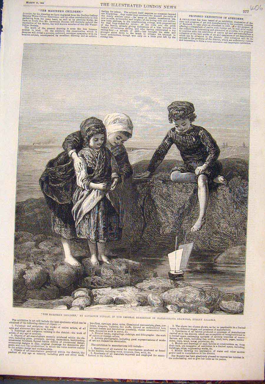 Original Old Antique Print Mariner Children Duncan Boat Beach Pool Fine Art 1868