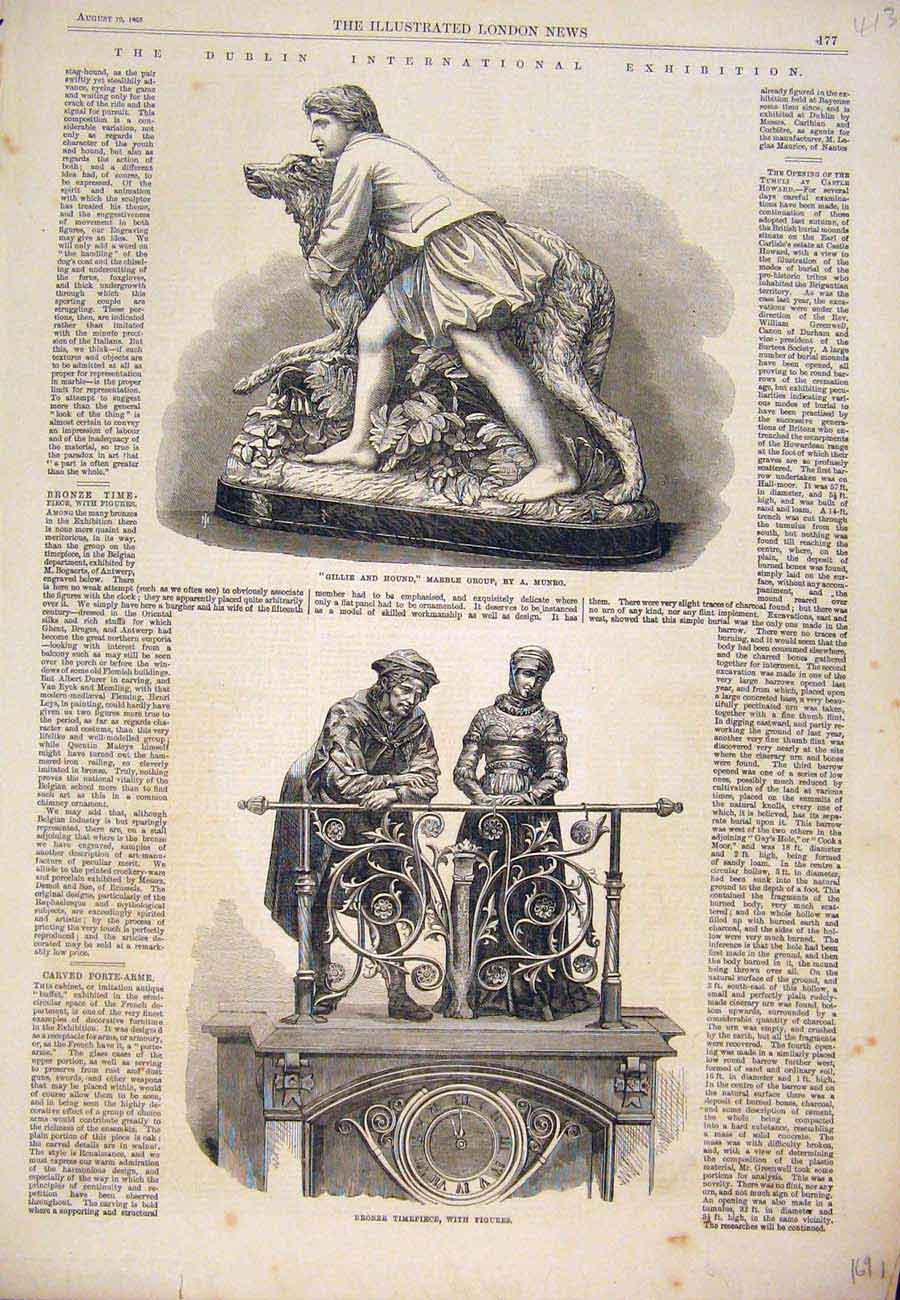 Original Old Antique Print Dublin Marble Statue Munro Bronze Timepiece 1865 19th