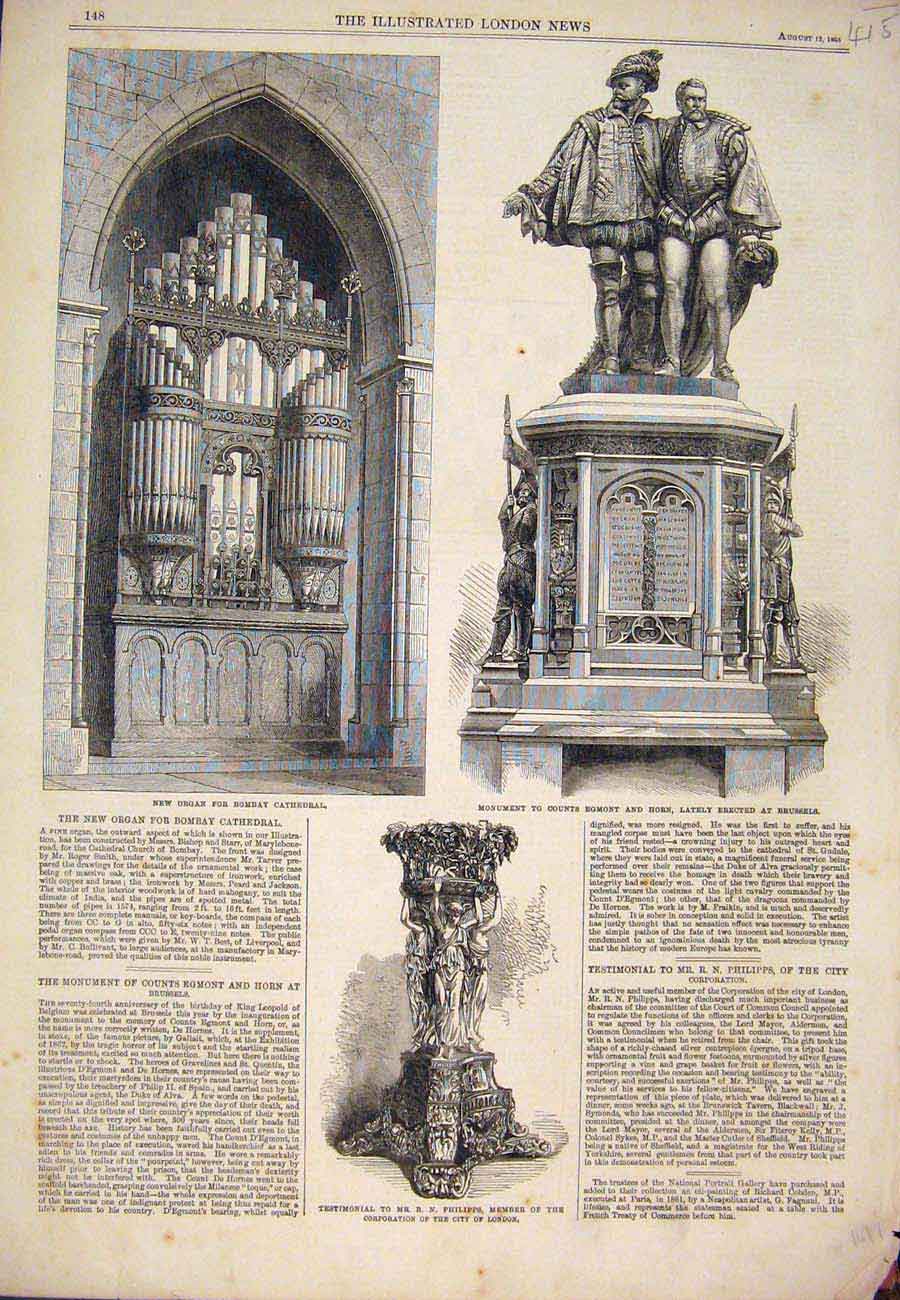 Original Old Antique Print Organ Bomboay Cathedral Brussels Egmont Horn 1865