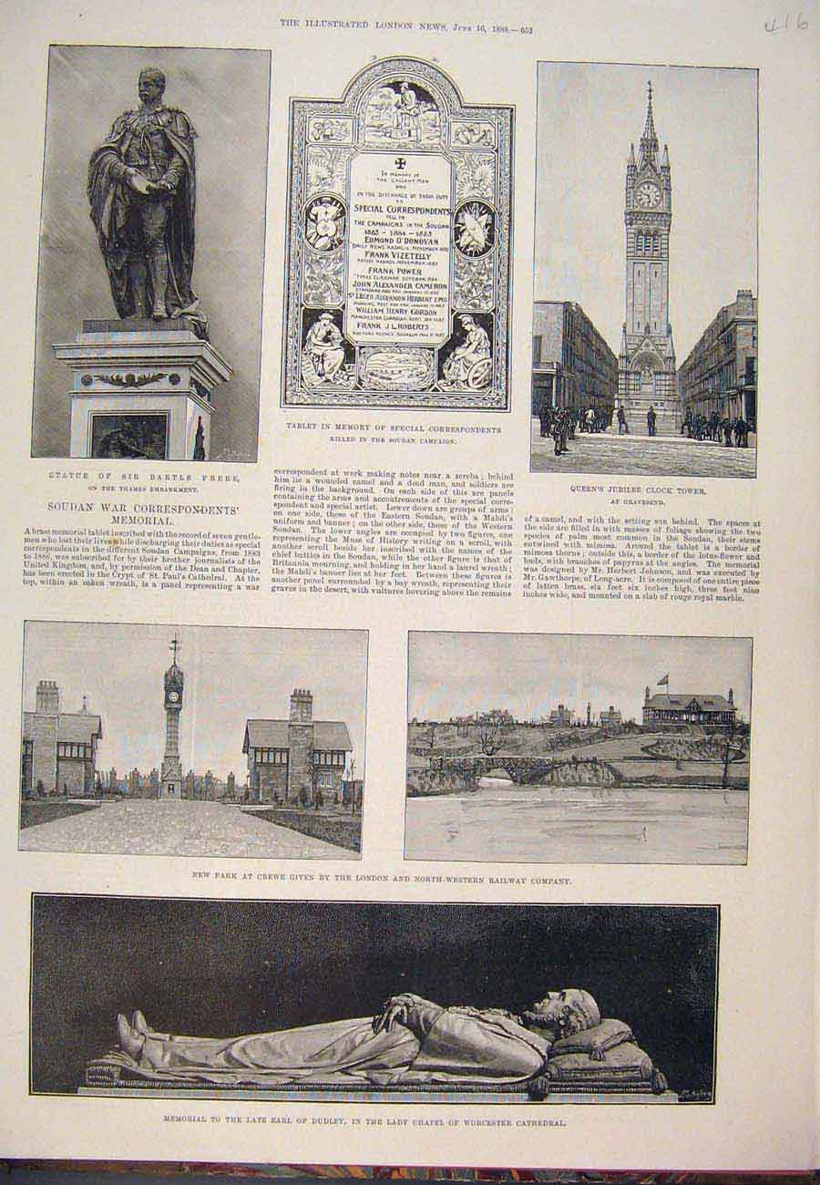 Original Old Antique Print Statue Frere Soudan War Clock Crewe Worcester 1888