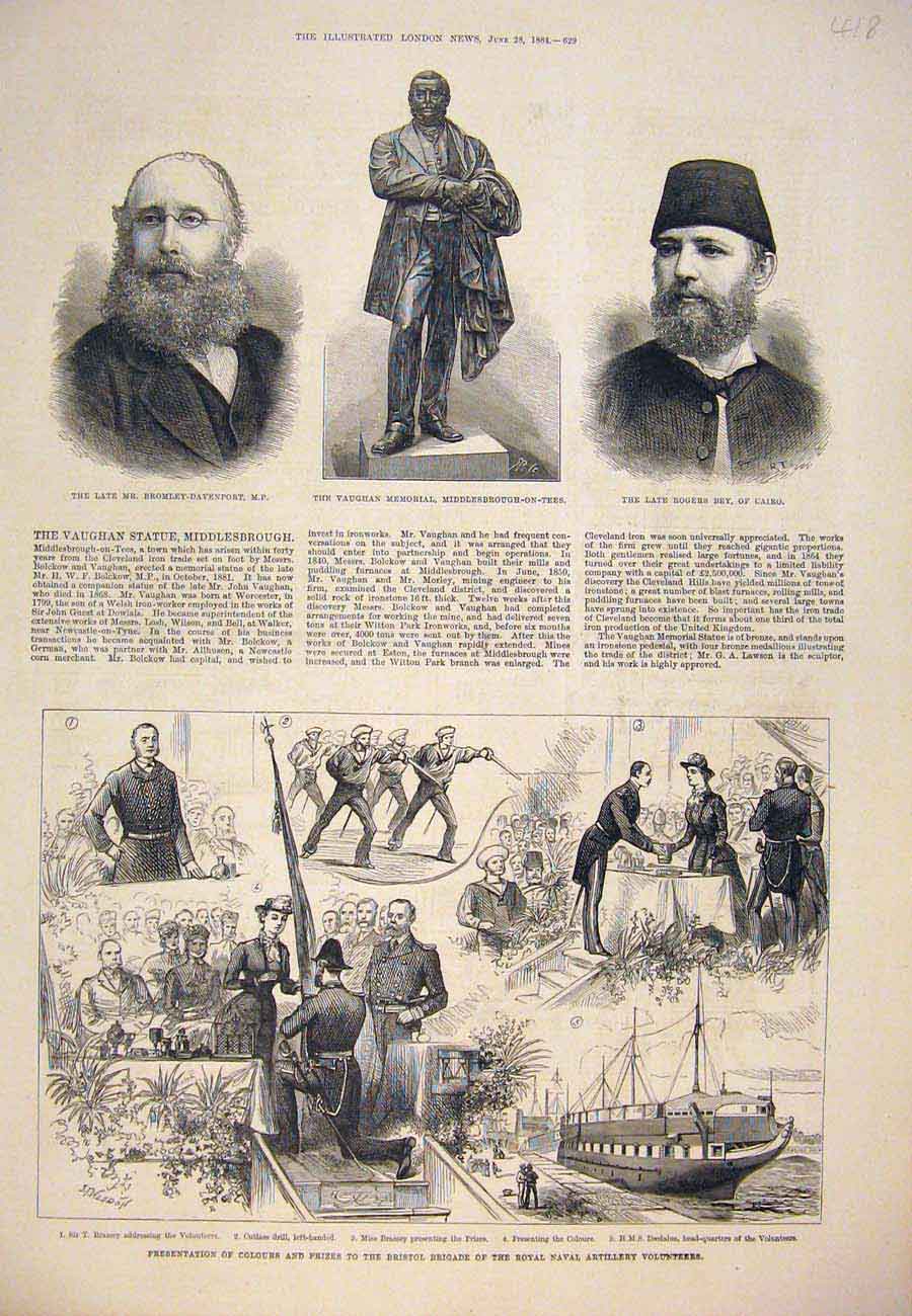 Original Old Antique Print Bromley-Davenport Vaughan Bey Bristol Artillery 1884