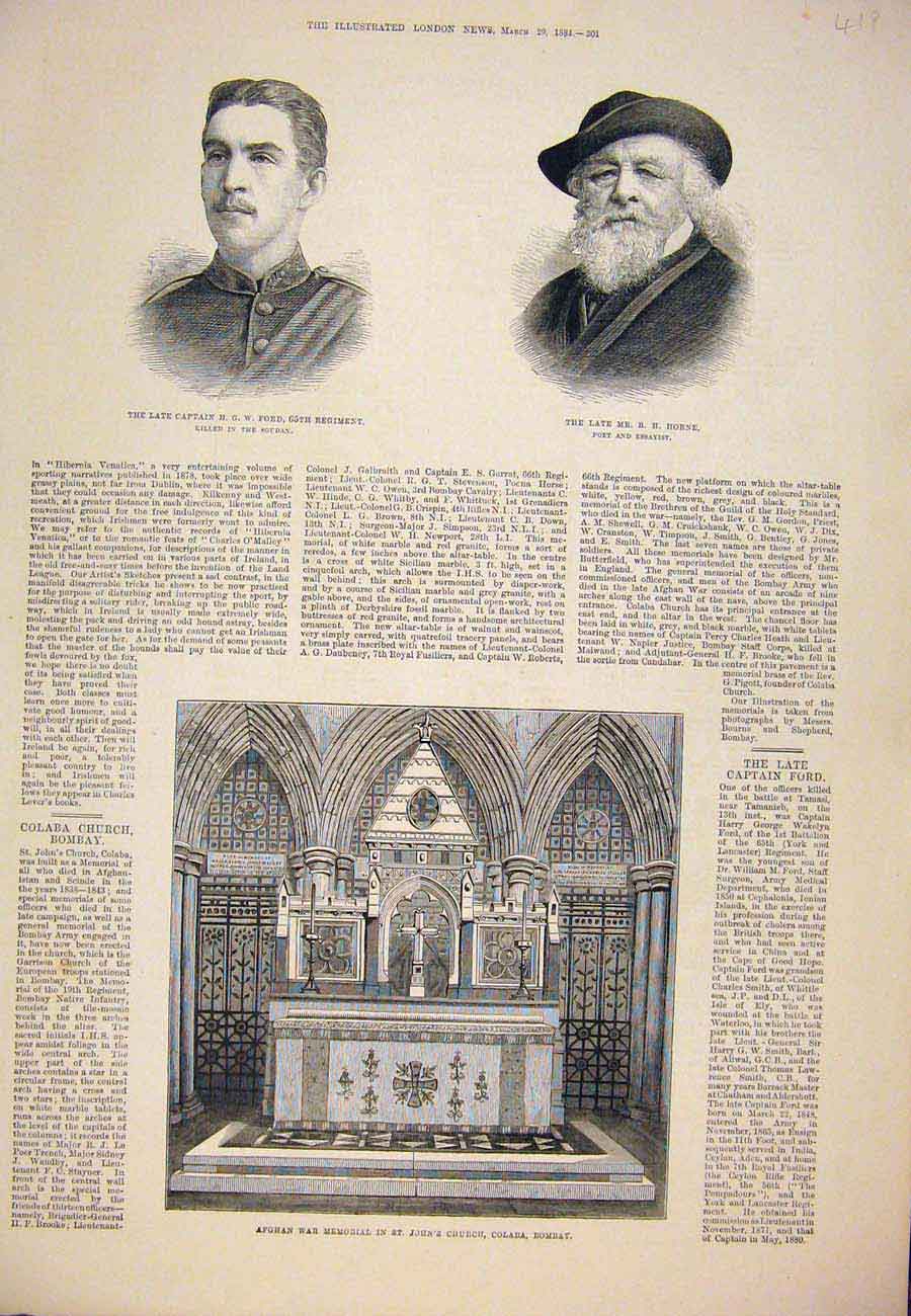 Original Old Antique Print Portrait Ford Horne Afghan War Memorial Bombay 1884
