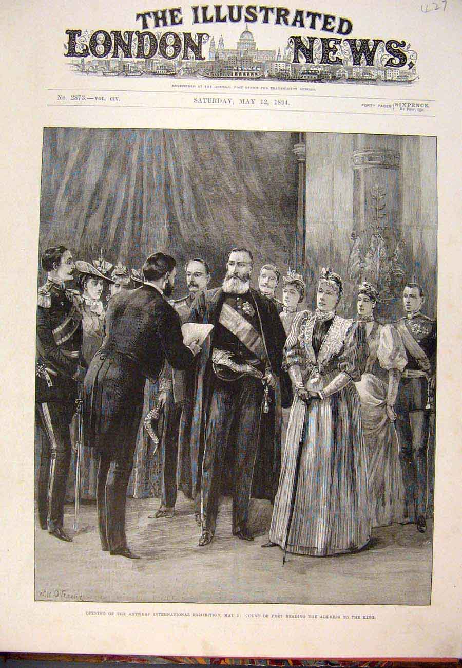 Original Old Antique Print 1894 Antwerp International Exhibition Count Pret King