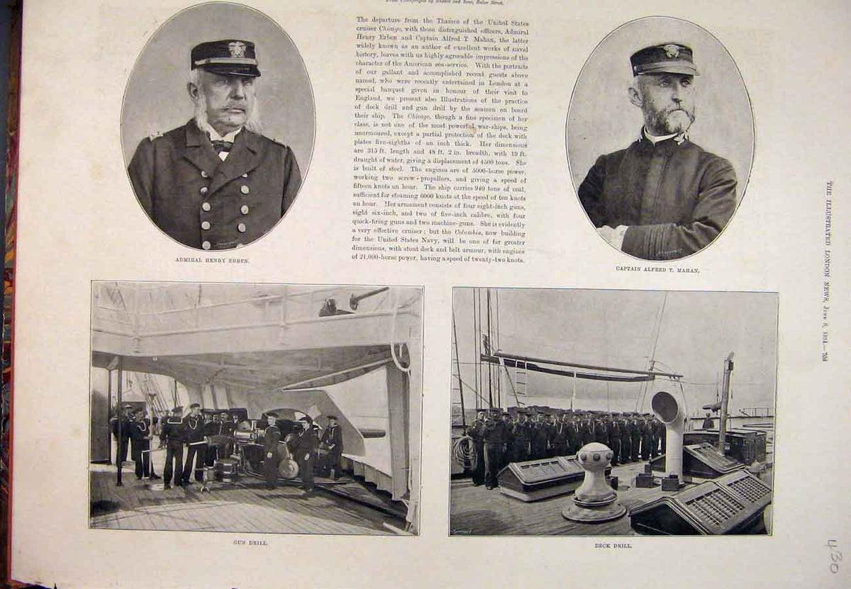 Original Old Antique Print 1894 Admiral Erben Captain Mahan Gun Deck Drill Ship