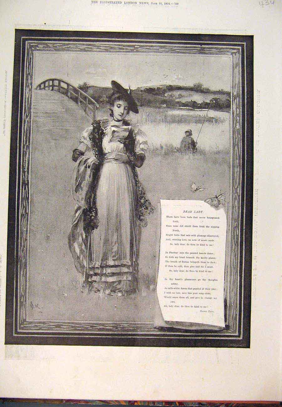 Original Old Antique Print 1894 Dear Lady Field Poem Pain Fine Art Victorian