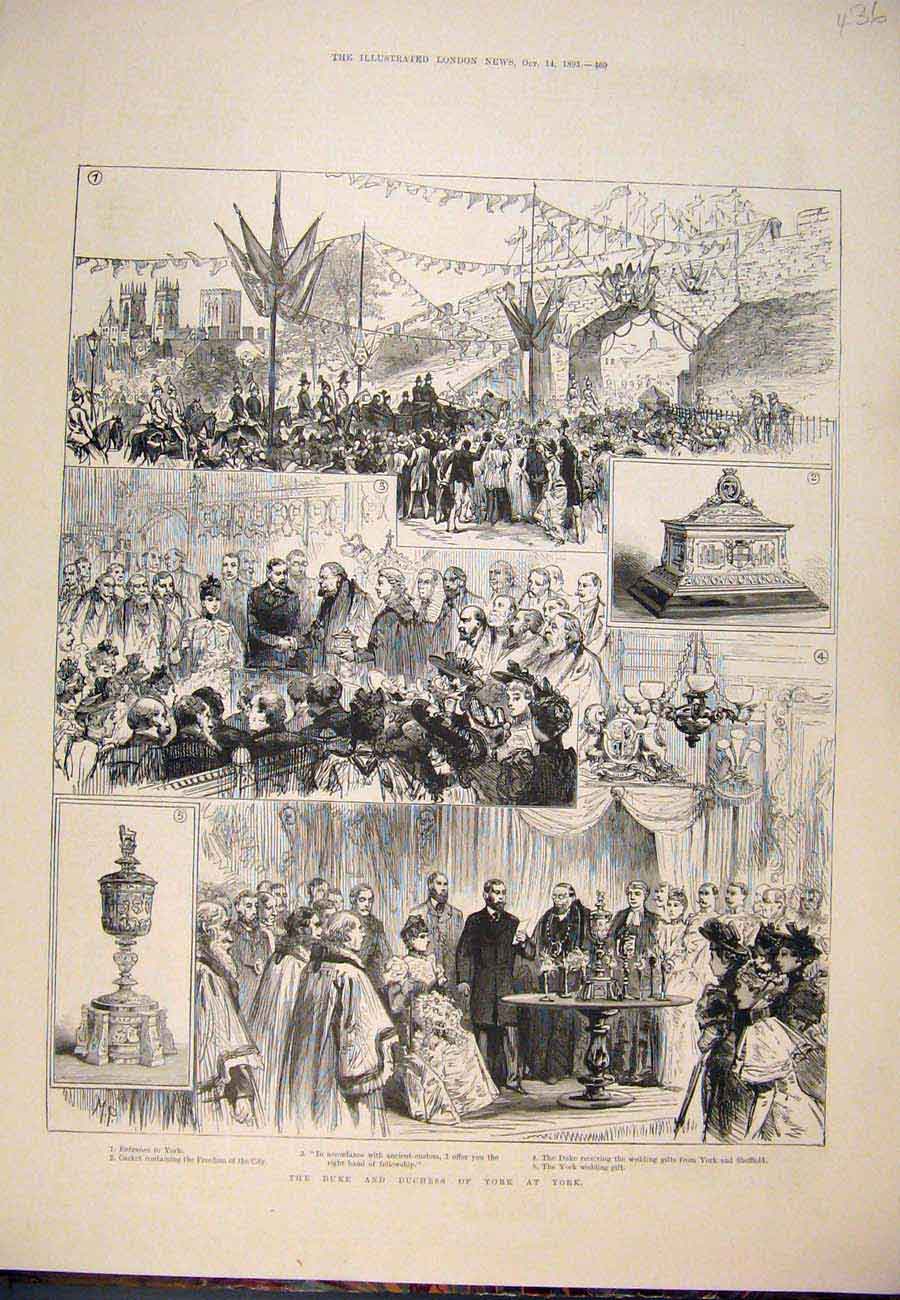 Original Old Antique Print 1893 Duke Duchess York Sketches Freedom City 19th