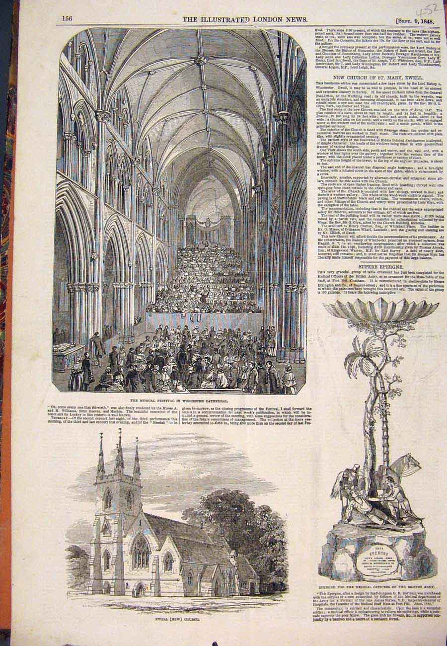 Old Antique Print 1848 Worcester Cathedral Festival Ewell Church Epergne 19th