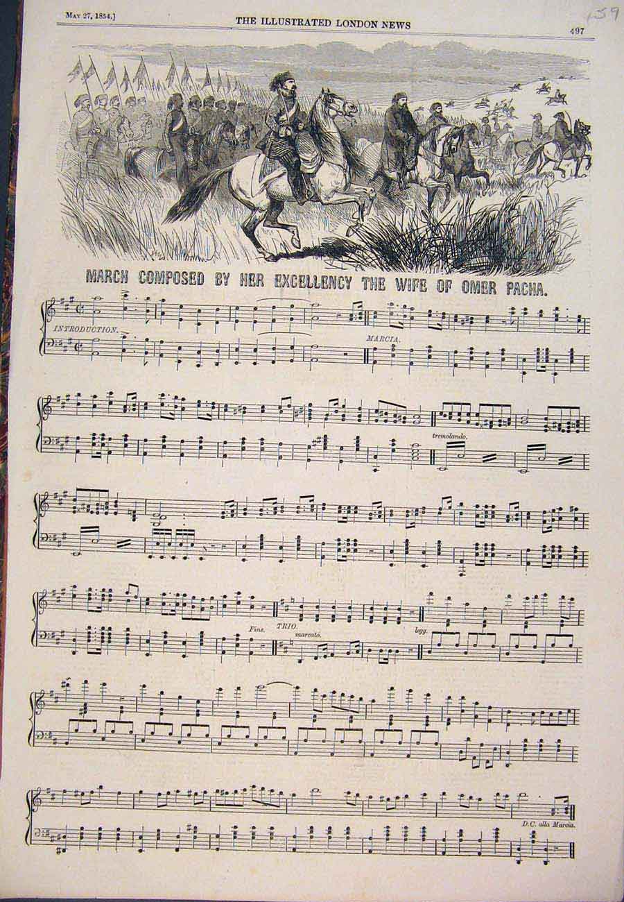 Original Old Antique Print 1854 March Music Score Sheet Omer Pacha Victorian