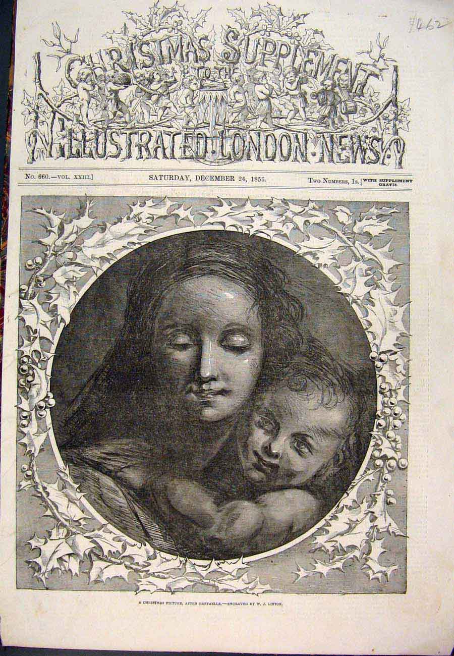 Original Old Antique Print 1853 Christmas Picture Raffaelle Linton Engraving