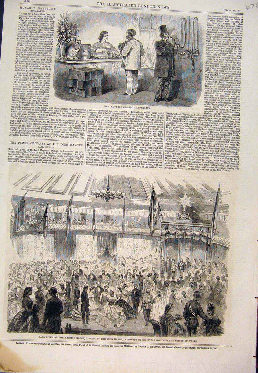 Old Antique Print 1861 Gaslight Apparatus Ball Mansion House Mayor Dublin 19th