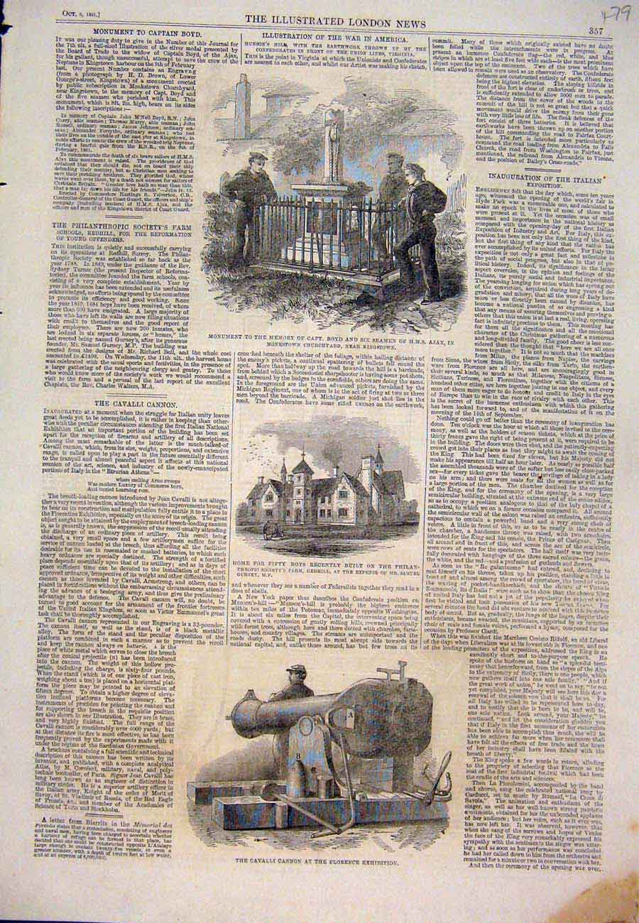 Original Old Antique Print 1861 Monument Boyd Hms Ajax Redhill Cavalli Cannon