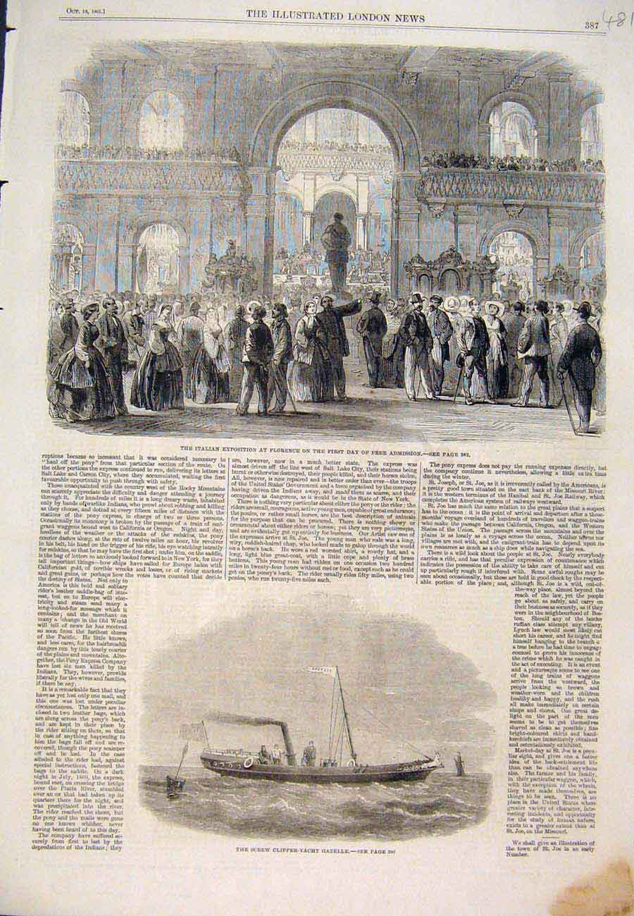 Old Antique Print 1861 Florence Italian Exposition Clipper Yacht Gazelle 19th