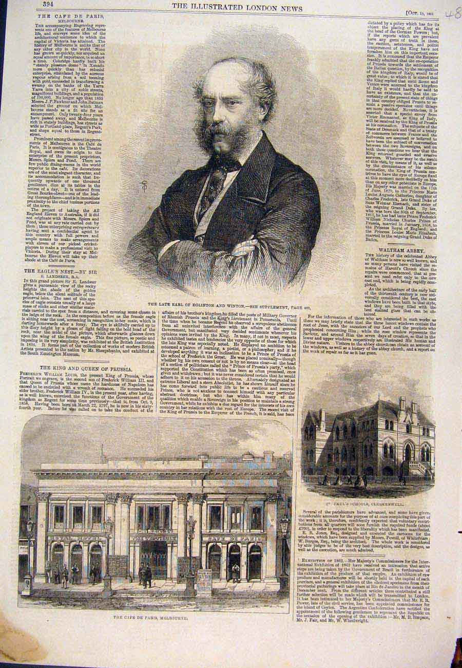 Antique Old Print 1861 Earl Eglington Winton Melbourne Caf∆üã®´ Clerkenwell 19th