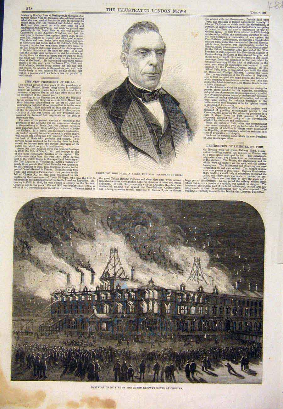 Original Old Antique Print 1861 Perez Chili Chile Chester Fire Railway Hotel