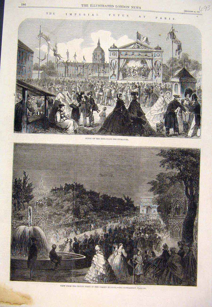 Original Old Antique Print 1861 Imperial Fetes Paris Champs Elysees Esplanade