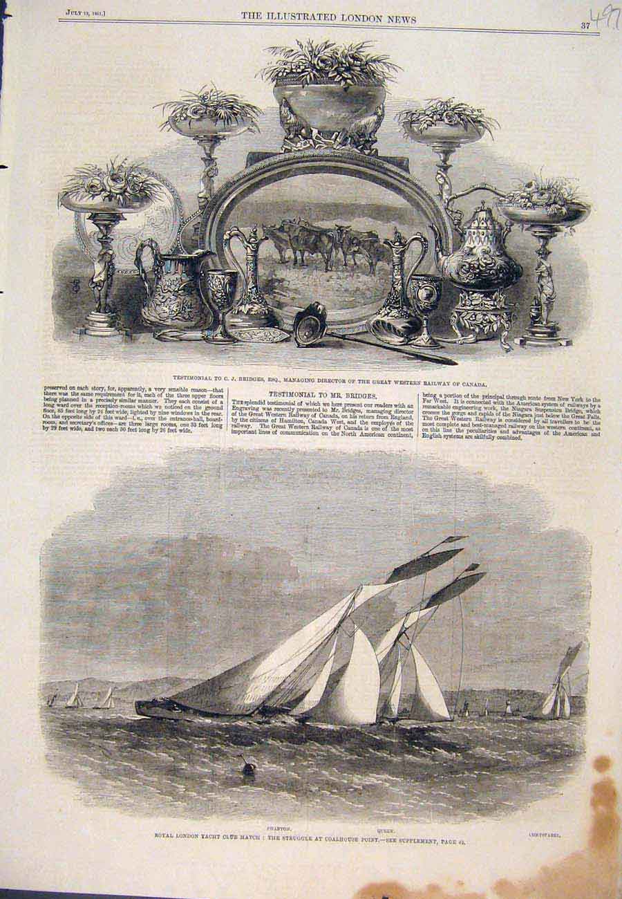 Original Old Antique Print 1861 Bridges Railway Canada Royal Club Yacht Match