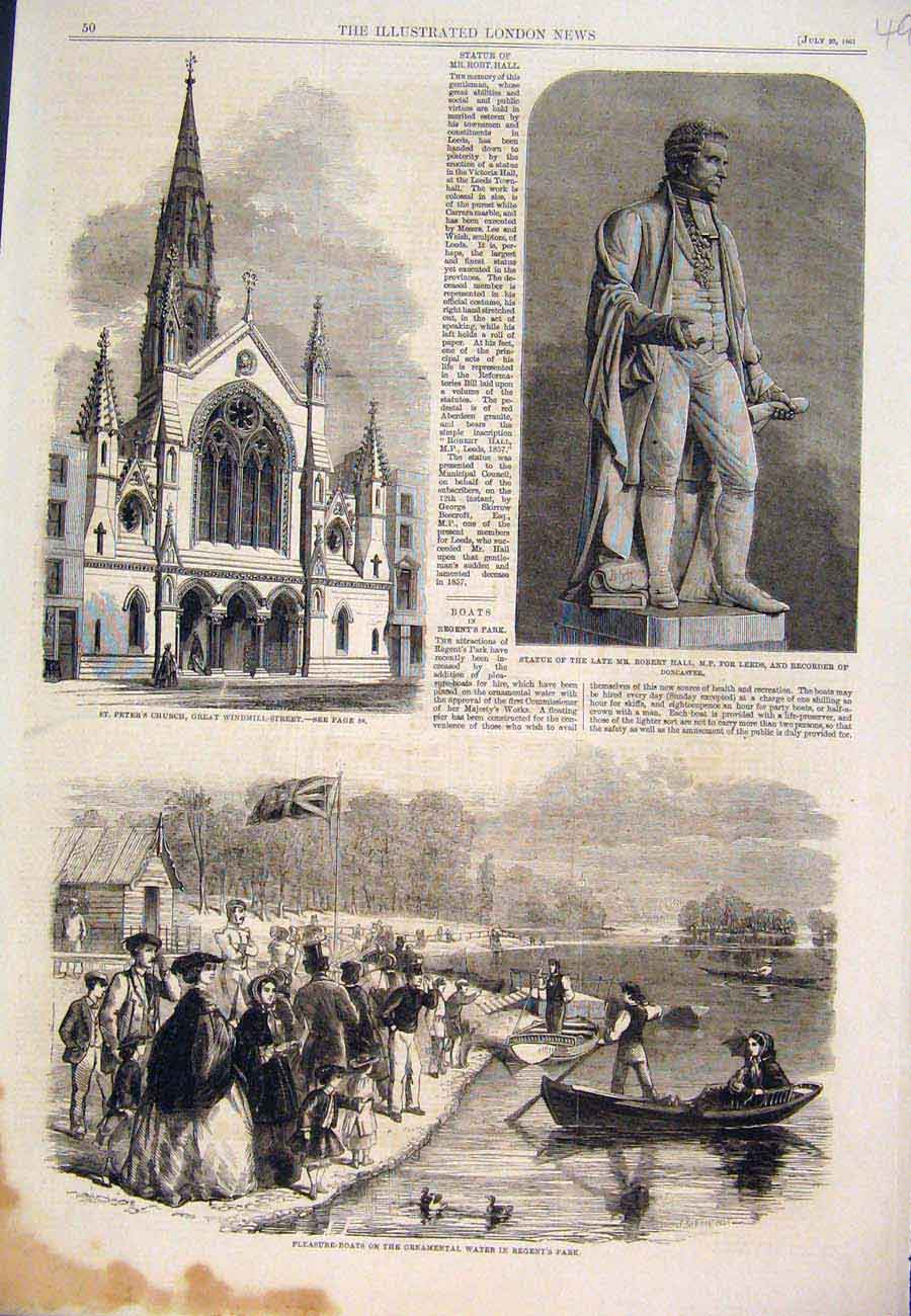Original Old Antique Print 1861 Statue Hall Leeds Church Boats Regent'S Park