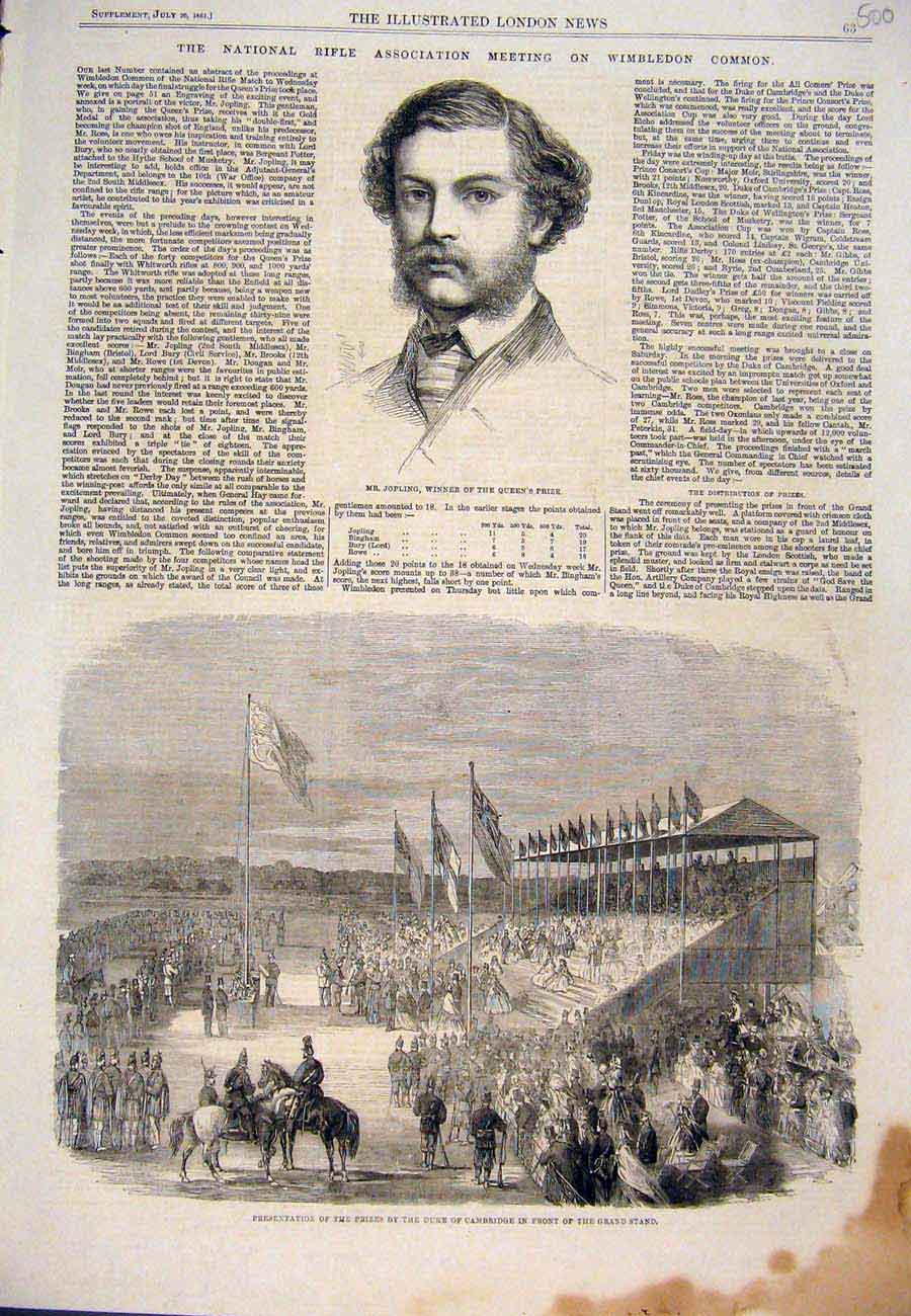 Original Old Antique Print 1861 Jopiling Rifle Association Wibledon Common Stand