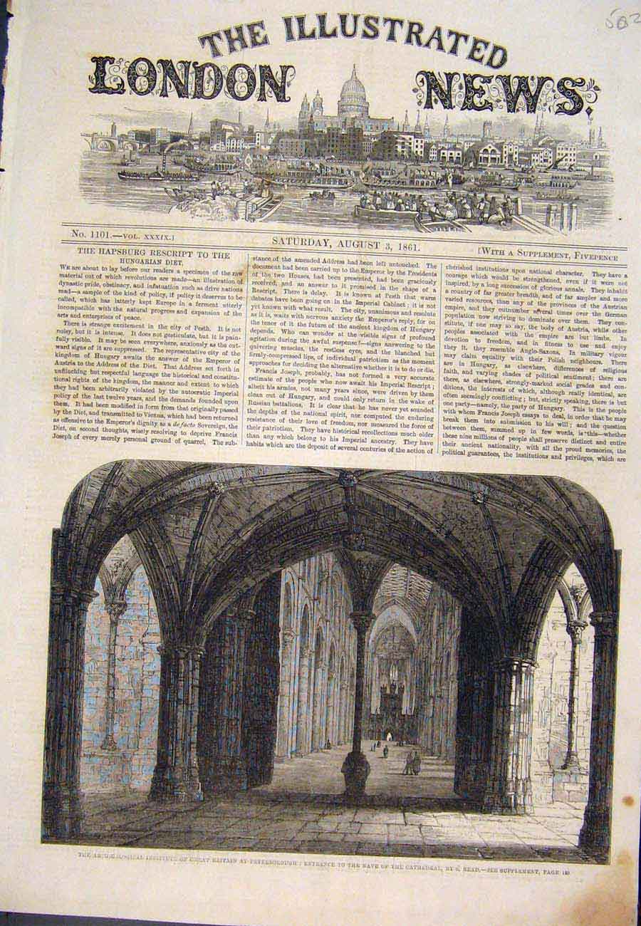 Original Old Antique Print 1861 Peterborough Nave Cathedral Read Fine Art 19th