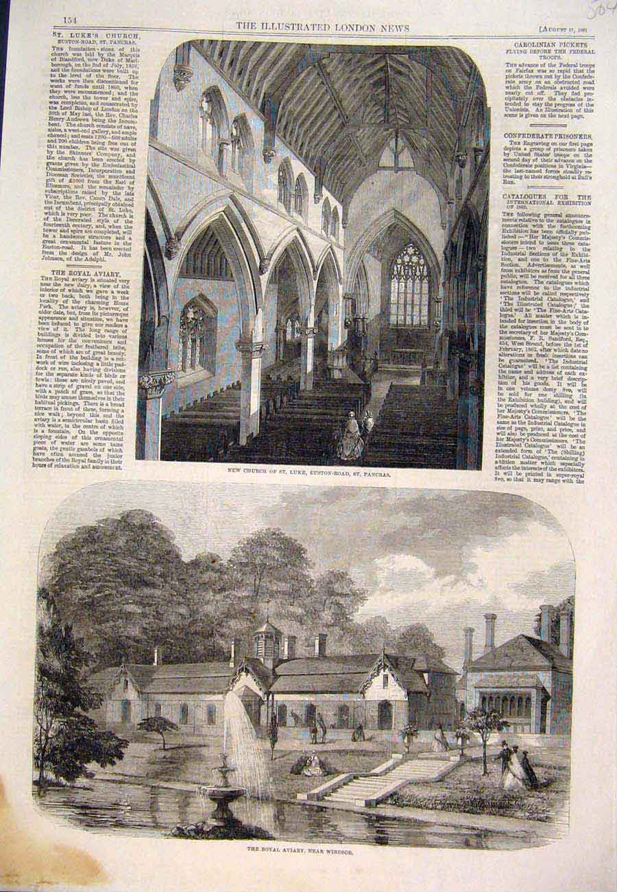 Original Old Antique Print 1861 Church Euston St Pancras London Aviary Windsor