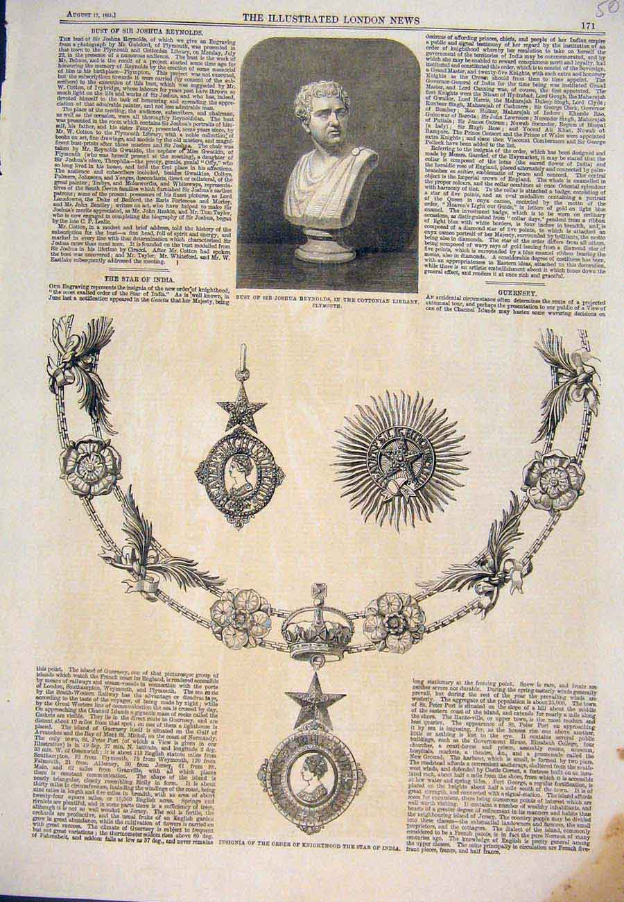 Original Old Antique Print Bust Reyns Cottonian Library Plymouth Star India
