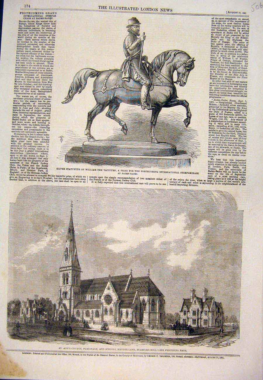 Original Old Antique Print 1861 Statue Baden William Church School Stamford Hill