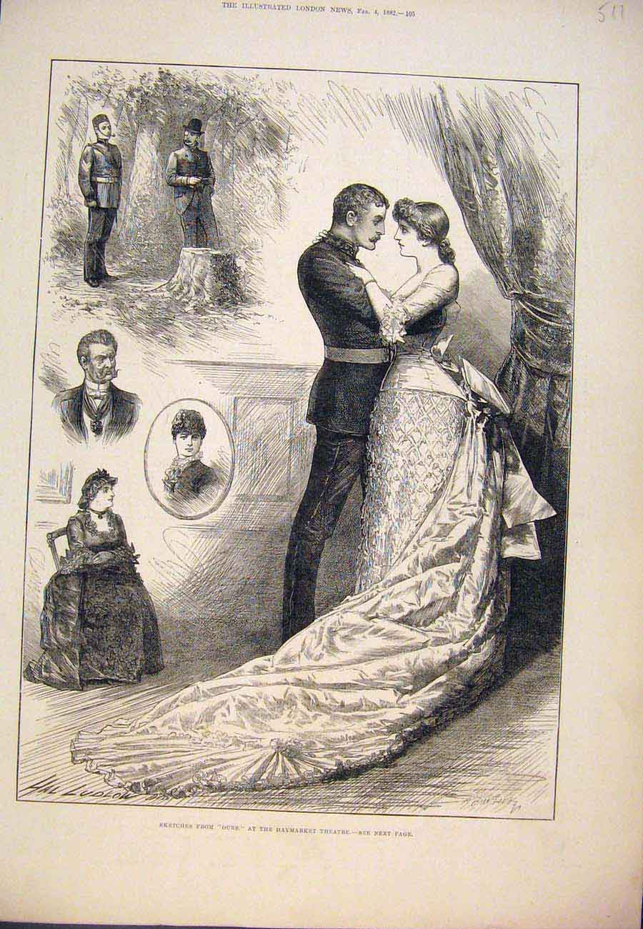 Original Old Antique Print 1882 Sketches Ours Haymarket Theatre Scenes Actors